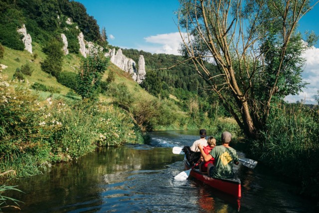 Kanutouren im Wilden Süden im Großen Lautertal in Münsingen im Biosphärengebiet Schwäbische Alb. Drei Personen mit einem Hund paddeln auf einem Fluss durch eine wild bewachsene Landchschaft mit Felsen. Es ist Sommer.