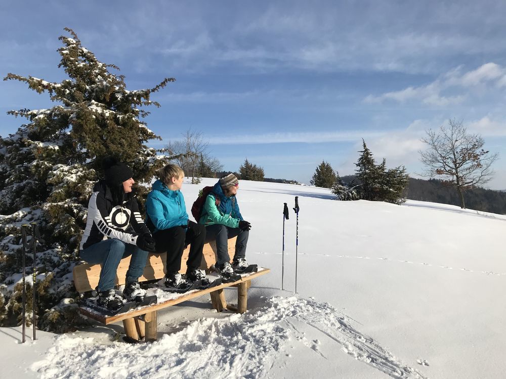 Schneeschuhverleih und Schneeschuhtouren in Münsingen im Biosphärengebiet Schwäbischen Alb. Drei Schneeschuhwanderer*innen sitzen auf einer Holzbank und schauen mit einem Lächeln in die Ferne. Ihre Wanderstöcke stecken im Schnee. Es ist sonniges Wetter und etwas bewölkt. Im Hintergrund sind vereinzelt Bäume.