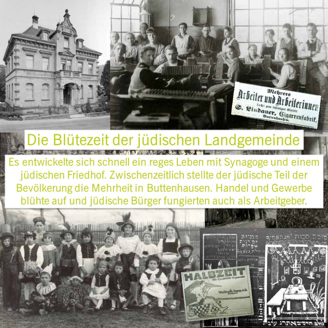 Das Buch Jüdisches Leben in Buttenhausen gibt es in der Touristik Information Münsingen im Biosphärengebiet Schwäbische Alb. Mehrere historische Bilder in schwarz-weiß. Davor steht Text.