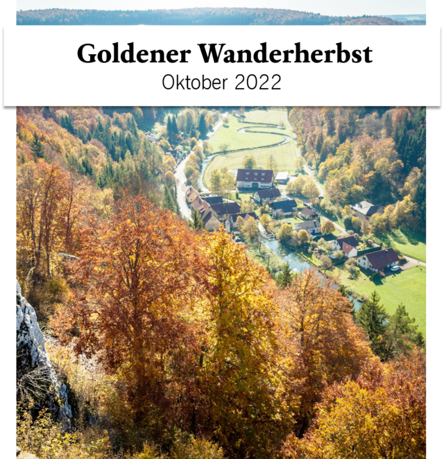 Newsletter Oktober 2022 in Münsingen im Biosphärengebiet Schwäbische Alb. Ein Bild des Großen Lautertals. Darüber ein großes Banner mit einer Aufschrift.