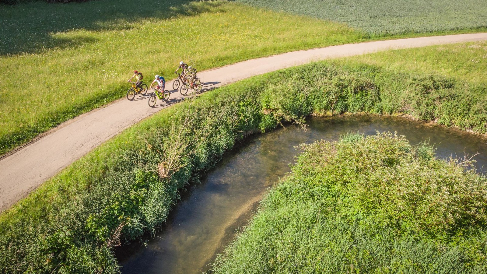 Radtour durch das Große Lautertal in Münsingen im Biosphärengebiet Schwäbische Alb. Vier Radfahrer*innen fahren auf einem Teerweg entlang an einem Fluss. Ringsherum sind Wiesen. Es ist Sommer.