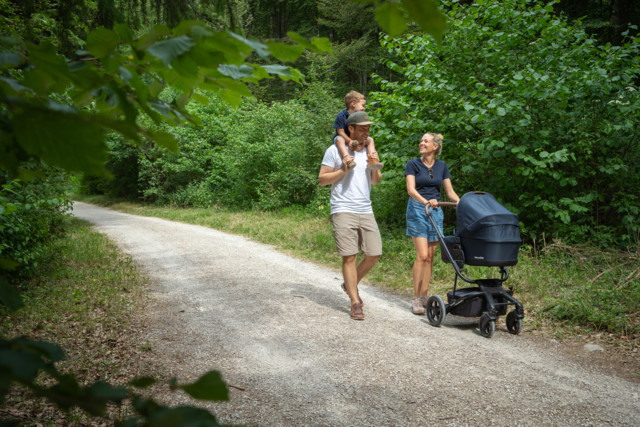 Familienurlaub in Münsingen im Biosphärengebiet Schwäbische Alb. Eine Familie läuft auf einem Schotterweg durch den Wald. Ein Erwachsener trägt ein Kind im Genick. Die andere Person schiebt einen Kinderwagen und lächelt das Kind an.