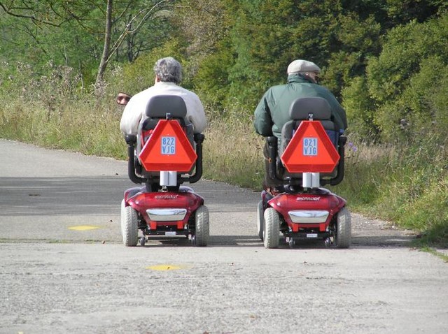 Der ehemalige Truppenübungsplatz in Münsingen im Biosphärengebiet Schwäbische Alb ist barrierefrei. Zwei Rollstuhlfahrer*innen fahren auf einem Teerweg. Rechts von ihnen sind Pflanzen und Wald.